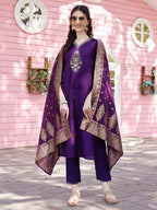 Hand Embroidered Purple Kurta With Pant & Banarasi Jacquard Dupatta Premium, Multicolor - Hiral Fashion | Grocsy