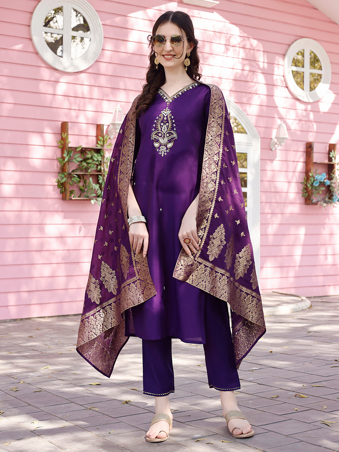 Hand Embroidered Purple Kurta With Pant & Banarasi Jacquard Dupatta Premium, Multicolor - Hiral Fashion | Grocsy