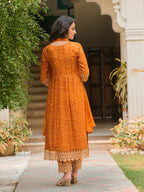 Nyra Cut Embroidered & Bandhani Printed Kurta With Lace Embroidered Pant & Dupatta, Mustard - Hiral Fashion | Grocsy