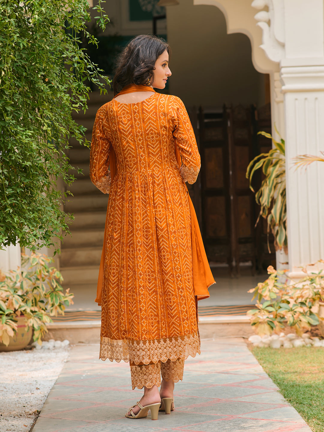 Nyra Cut Embroidered & Bandhani Printed Kurta With Lace Embroidered Pant & Dupatta, Mustard - Hiral Fashion | Grocsy