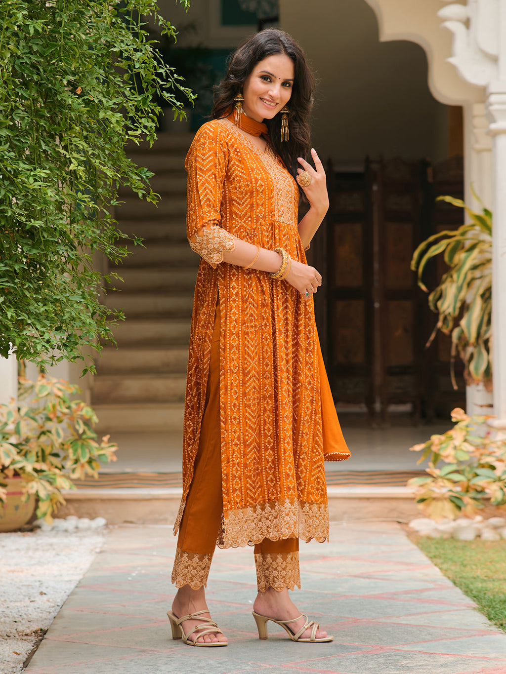 Nyra Cut Embroidered & Bandhani Printed Kurta With Lace Embroidered Pant & Dupatta, Mustard - Hiral Fashion | Grocsy