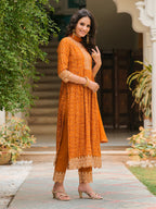 Nyra Cut Embroidered & Bandhani Printed Kurta With Lace Embroidered Pant & Dupatta, Mustard - Hiral Fashion | Grocsy
