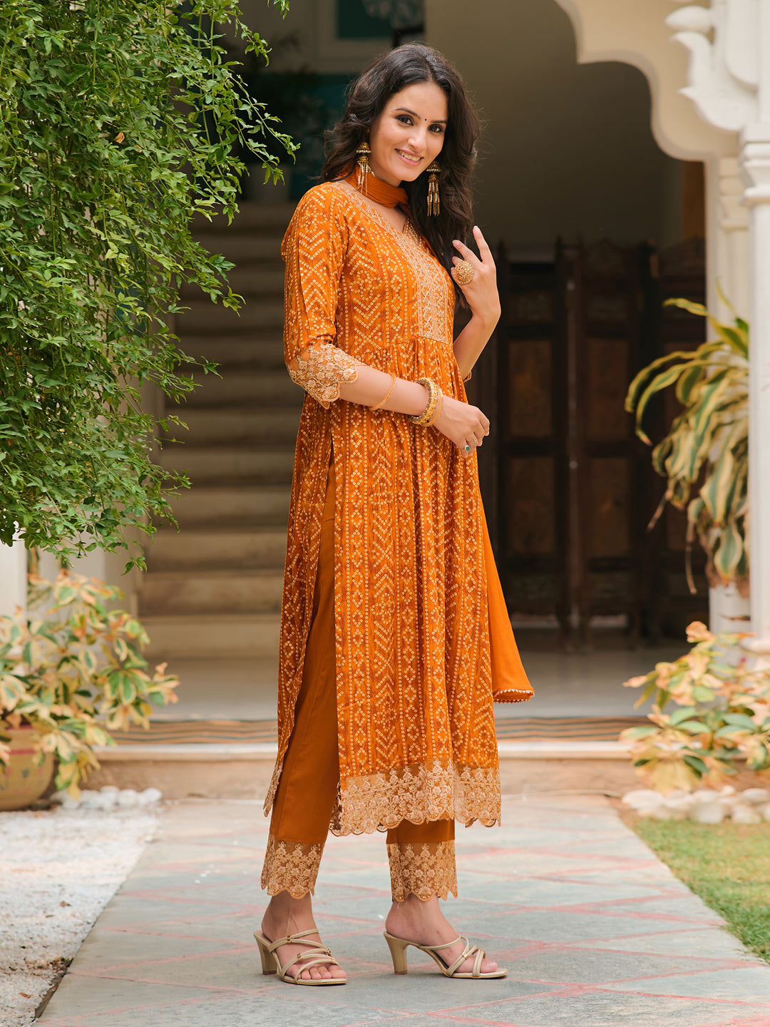 Nyra Cut Embroidered & Bandhani Printed Kurta With Lace Embroidered Pant & Dupatta, Mustard - Hiral Fashion | Grocsy