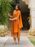 Nyra Cut Embroidered & Bandhani Printed Kurta With Lace Embroidered Pant & Dupatta, Mustard - Hiral Fashion | Grocsy