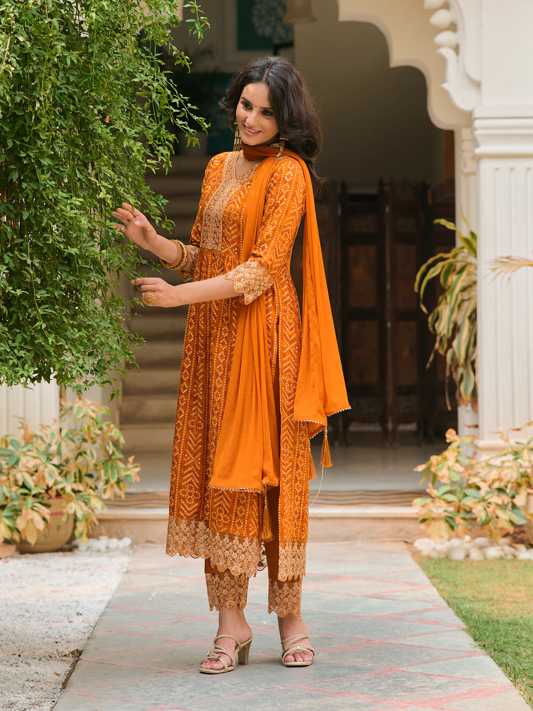 Nyra Cut Embroidered & Bandhani Printed Kurta With Lace Embroidered Pant & Dupatta, Mustard - Hiral Fashion | Grocsy