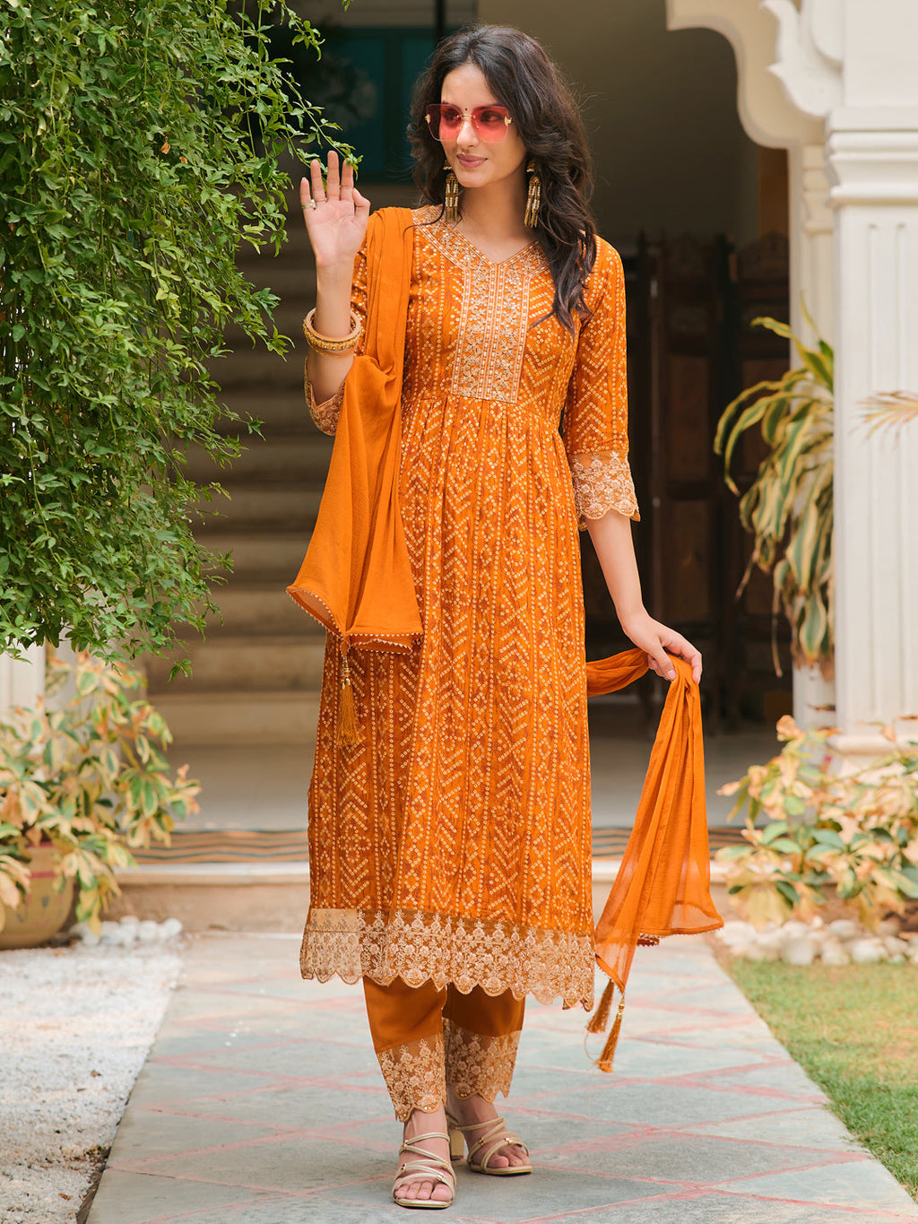 Nyra Cut Embroidered & Bandhani Printed Kurta With Lace Embroidered Pant & Dupatta, Mustard - Hiral Fashion | Grocsy