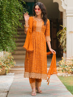 Nyra Cut Embroidered & Bandhani Printed Kurta With Lace Embroidered Pant & Dupatta, Mustard - Hiral Fashion | Grocsy