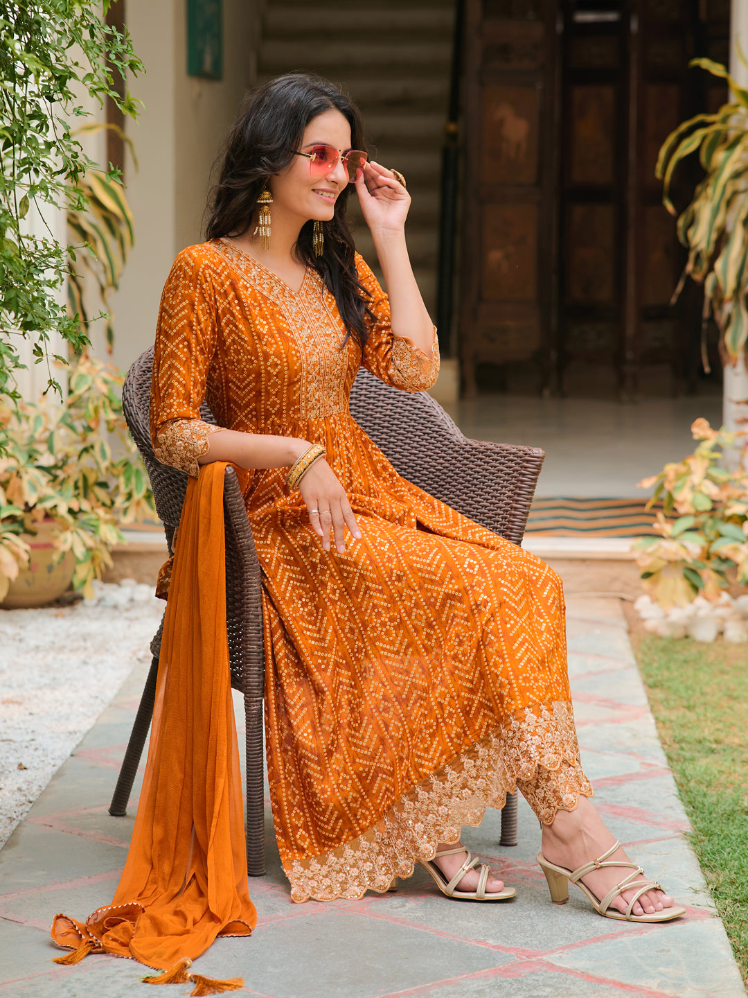 Nyra Cut Embroidered & Bandhani Printed Kurta With Lace Embroidered Pant & Dupatta, Mustard - Hiral Fashion | Grocsy