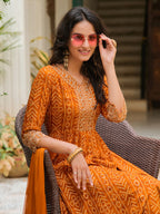 Nyra Cut Embroidered & Bandhani Printed Kurta With Lace Embroidered Pant & Dupatta, Mustard - Hiral Fashion | Grocsy