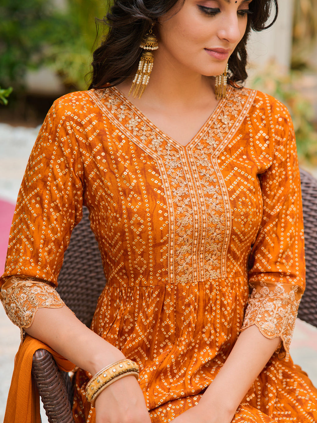 Nyra Cut Embroidered & Bandhani Printed Kurta With Lace Embroidered Pant & Dupatta, Mustard - Hiral Fashion | Grocsy