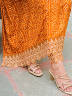 Nyra Cut Embroidered & Bandhani Printed Kurta With Lace Embroidered Pant & Dupatta, Mustard - Hiral Fashion | Grocsy