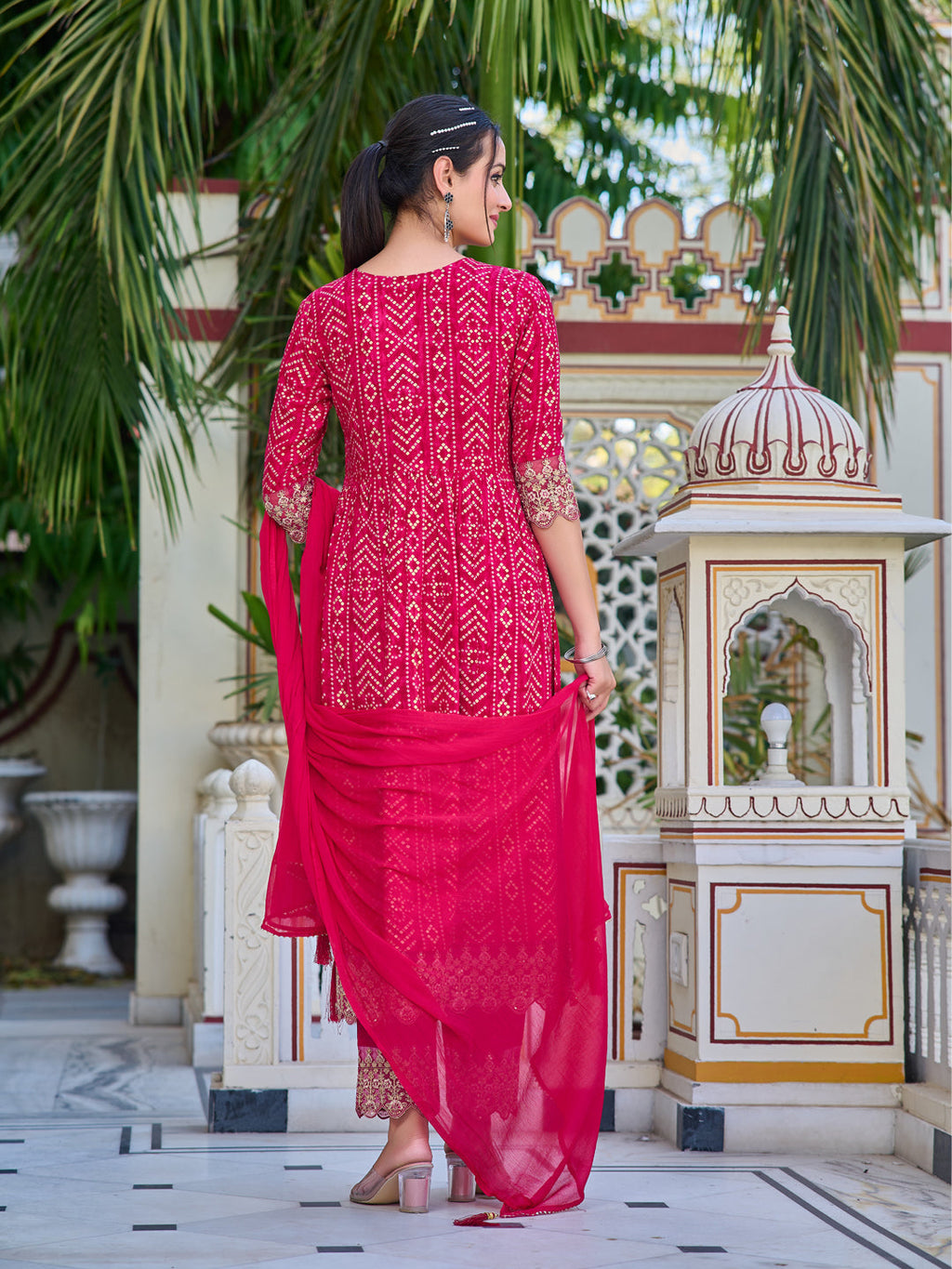 Nyra Cut Embroidered & Bandhani Printed Kurta With Lace Embroidered Pant & Dupatta, Rani - Hiral Fashion | Grocsy
