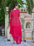 Nyra Cut Embroidered & Bandhani Printed Kurta With Lace Embroidered Pant & Dupatta, Rani - Hiral Fashion | Grocsy