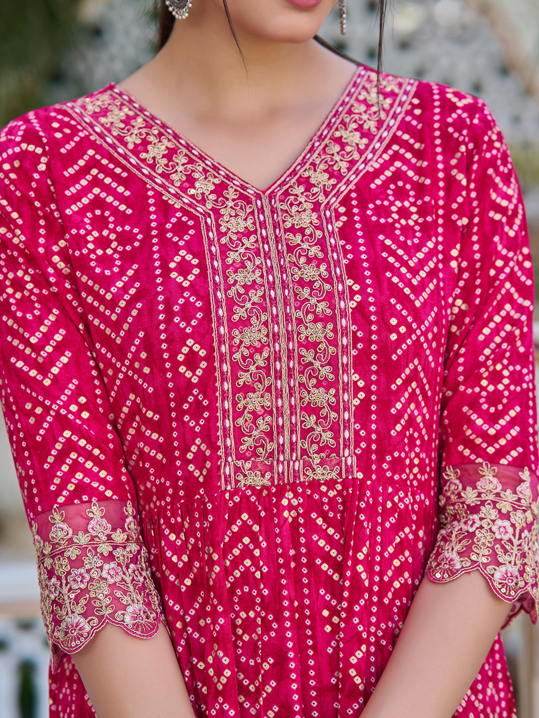 Nyra Cut Embroidered & Bandhani Printed Kurta With Lace Embroidered Pant & Dupatta, Rani - Hiral Fashion | Grocsy