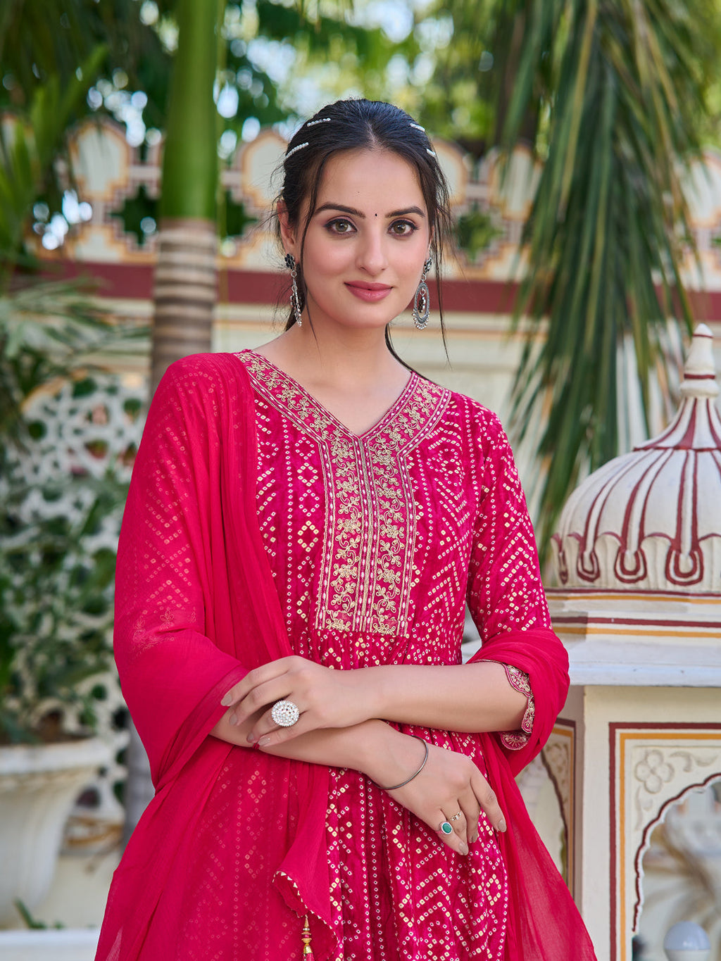 Nyra Cut Embroidered & Bandhani Printed Kurta With Lace Embroidered Pant & Dupatta, Rani - Hiral Fashion | Grocsy