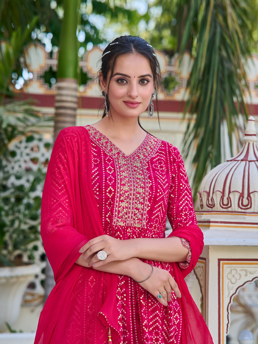 Nyra Cut Embroidered & Bandhani Printed Kurta With Lace Embroidered Pant & Dupatta, Rani - Hiral Fashion | Grocsy