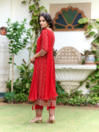 Nyra Cut Embroidered & Bandhani Printed Kurta With Lace Embroidered Pant & Dupatta, Red - Hiral Fashion | Grocsy
