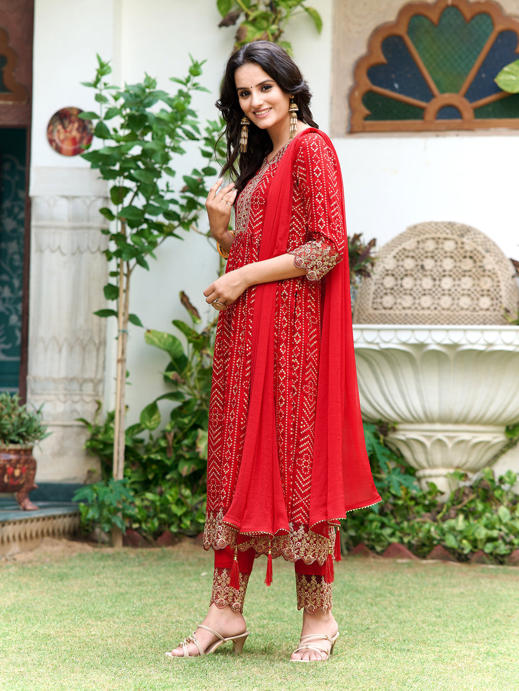 Nyra Cut Embroidered & Bandhani Printed Kurta With Lace Embroidered Pant & Dupatta, Red - Hiral Fashion | Grocsy