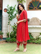 Nyra Cut Embroidered & Bandhani Printed Kurta With Lace Embroidered Pant & Dupatta, Red - Hiral Fashion | Grocsy
