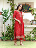 Nyra Cut Embroidered & Bandhani Printed Kurta With Lace Embroidered Pant & Dupatta, Red - Hiral Fashion | Grocsy