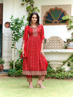 Nyra Cut Embroidered & Bandhani Printed Kurta With Lace Embroidered Pant & Dupatta, Red - Hiral Fashion | Grocsy