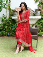 Nyra Cut Embroidered & Bandhani Printed Kurta With Lace Embroidered Pant & Dupatta, Red - Hiral Fashion | Grocsy