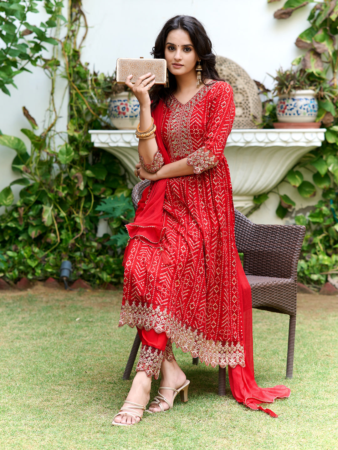 Nyra Cut Embroidered & Bandhani Printed Kurta With Lace Embroidered Pant & Dupatta, Red - Hiral Fashion | Grocsy