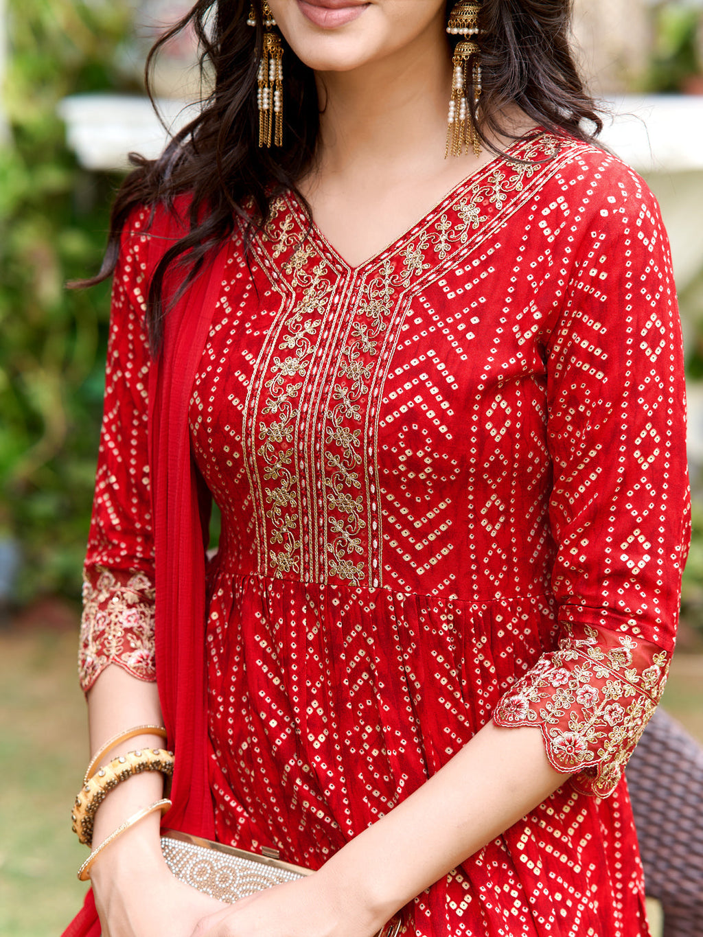 Nyra Cut Embroidered & Bandhani Printed Kurta With Lace Embroidered Pant & Dupatta, Red - Hiral Fashion | Grocsy