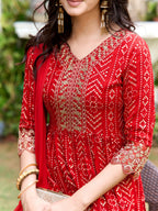 Nyra Cut Embroidered & Bandhani Printed Kurta With Lace Embroidered Pant & Dupatta, Red - Hiral Fashion | Grocsy