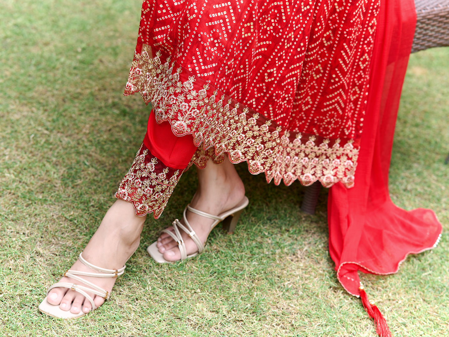 Nyra Cut Embroidered & Bandhani Printed Kurta With Lace Embroidered Pant & Dupatta, Red - Hiral Fashion | Grocsy