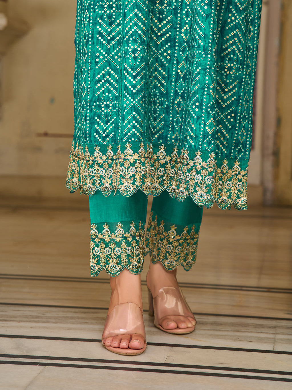 Nyra Cut Embroidered & Bandhani Printed Kurta With Lace Embroidered Pant & Dupatta, Teal - Hiral Fashion | Grocsy