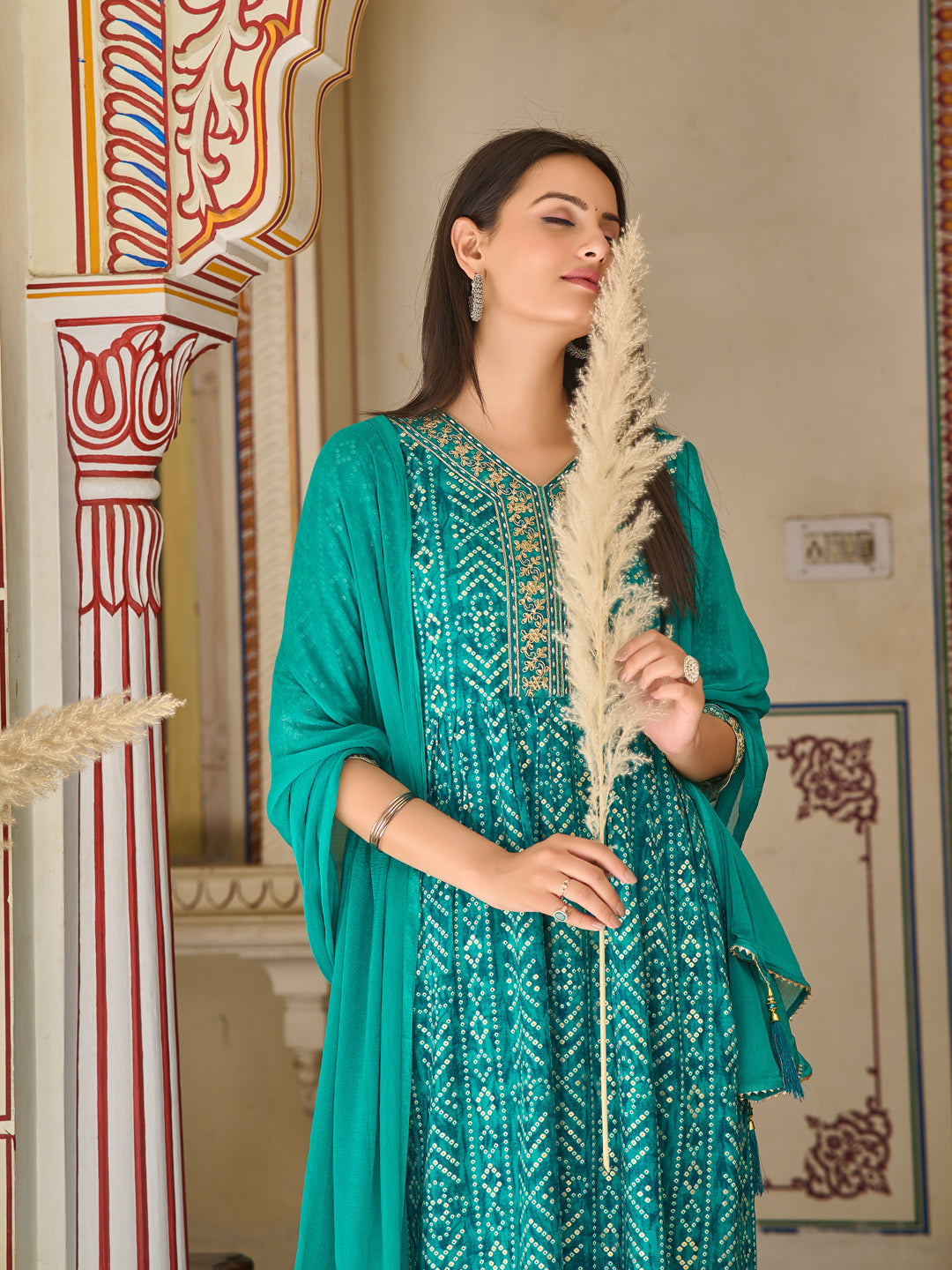Nyra Cut Embroidered & Bandhani Printed Kurta With Lace Embroidered Pant & Dupatta, Teal - Hiral Fashion | Grocsy