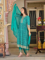 Nyra Cut Embroidered & Bandhani Printed Kurta With Lace Embroidered Pant & Dupatta, Teal - Hiral Fashion | Grocsy