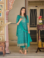 Nyra Cut Embroidered & Bandhani Printed Kurta With Lace Embroidered Pant & Dupatta, Teal - Hiral Fashion | Grocsy