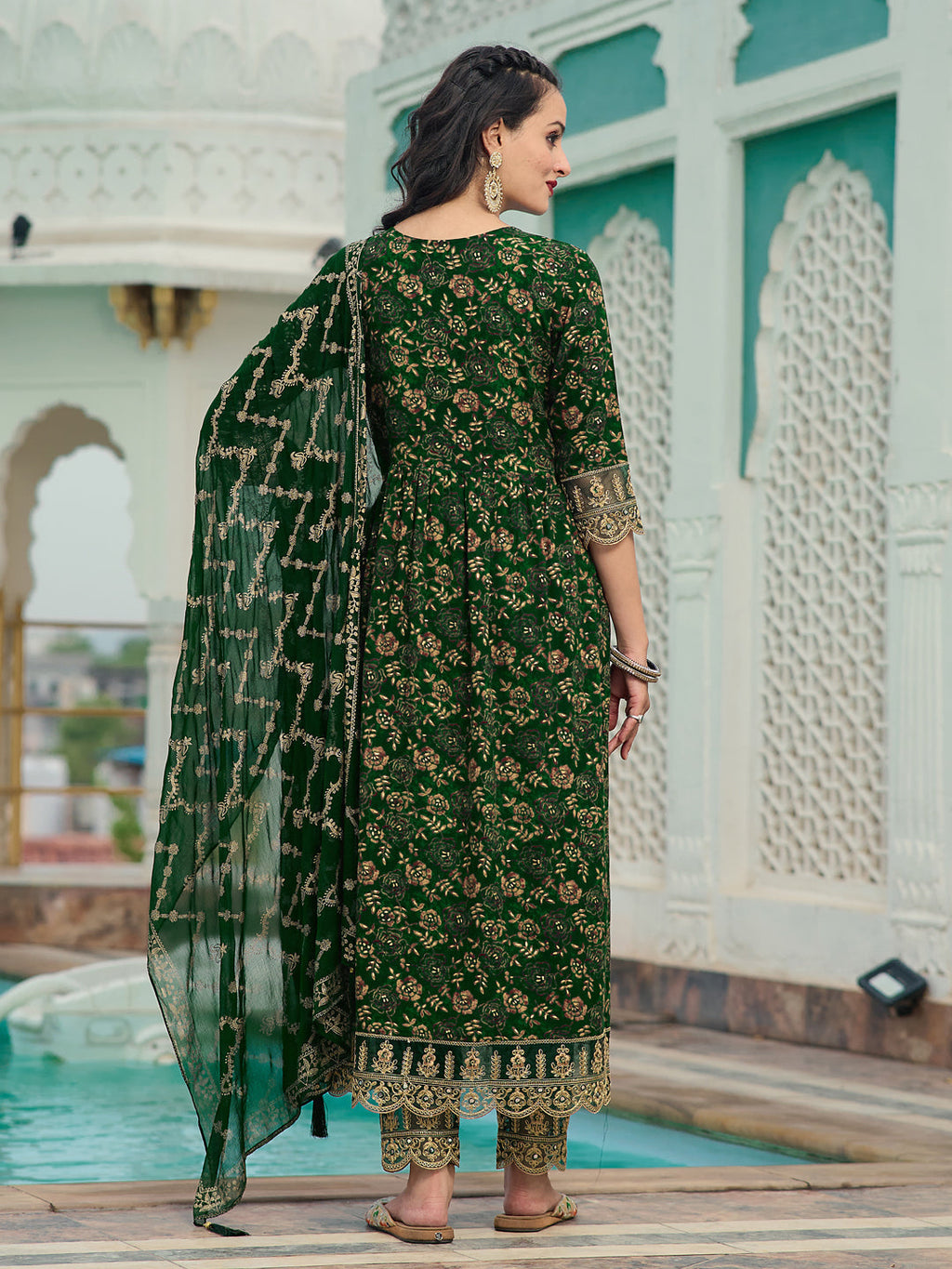Nyra Cut Embroidered & Floral Printed Kurta With Pant & Foil Print Dupatta, Green - Hiral Fashion | Grocsy