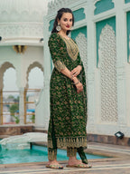 Nyra Cut Embroidered & Floral Printed Kurta With Pant & Foil Print Dupatta, Green - Hiral Fashion | Grocsy