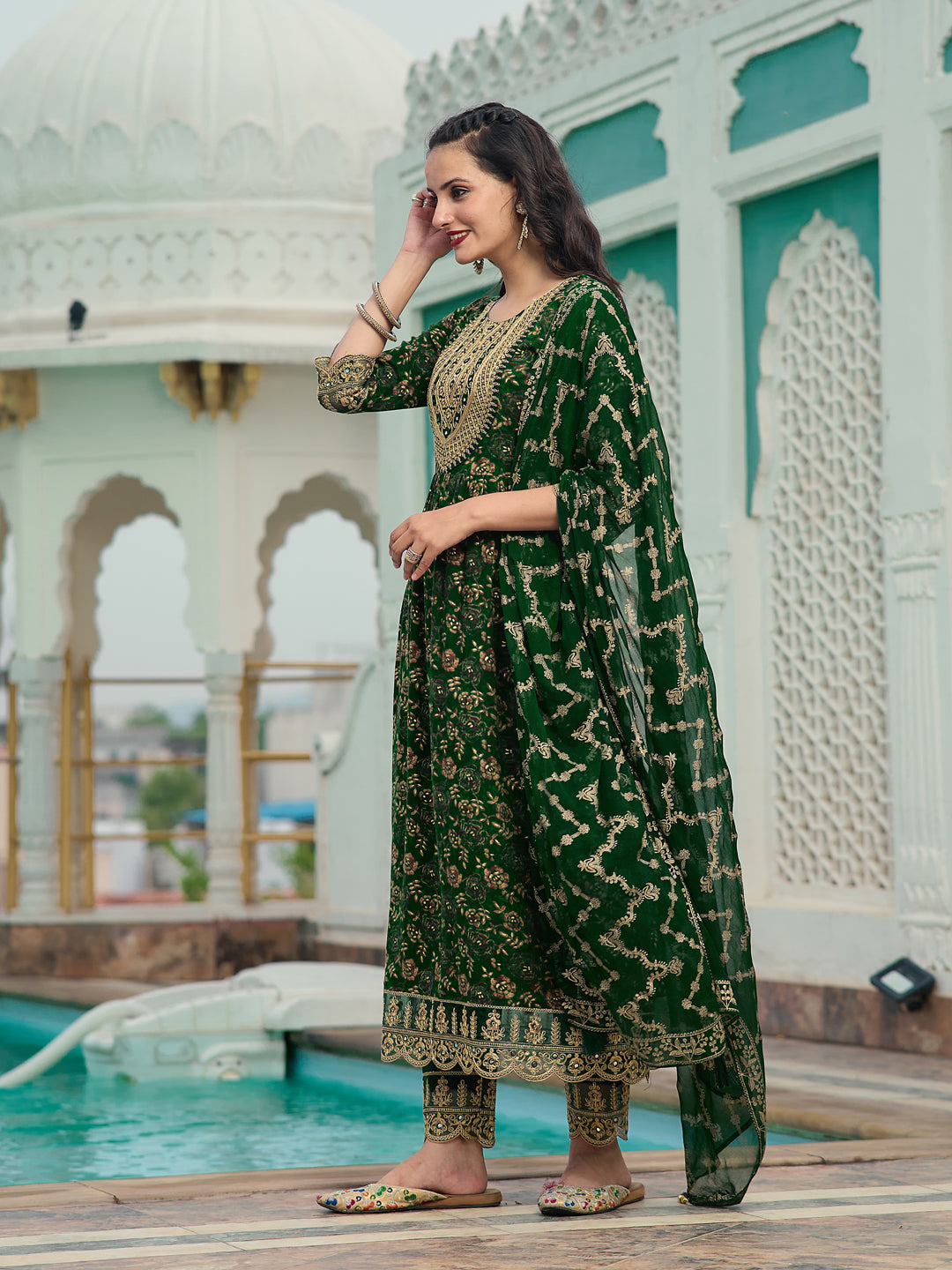 Nyra Cut Embroidered & Floral Printed Kurta With Pant & Foil Print Dupatta, Green - Hiral Fashion | Grocsy