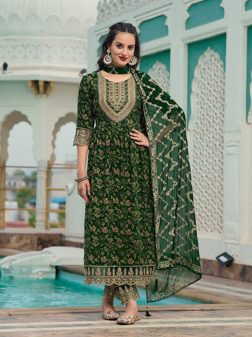 Nyra Cut Embroidered & Floral Printed Kurta With Pant & Foil Print Dupatta, Green - Hiral Fashion | Grocsy