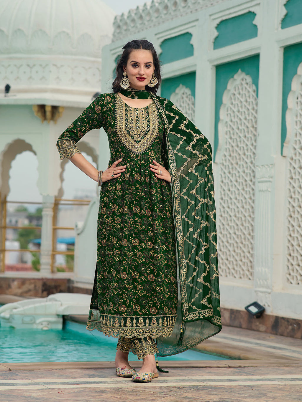 Nyra Cut Embroidered & Floral Printed Kurta With Pant & Foil Print Dupatta, Green - Hiral Fashion | Grocsy