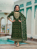 Nyra Cut Embroidered & Floral Printed Kurta With Pant & Foil Print Dupatta, Green - Hiral Fashion | Grocsy