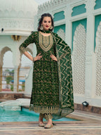Nyra Cut Embroidered & Floral Printed Kurta With Pant & Foil Print Dupatta, Green - Hiral Fashion | Grocsy