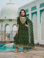 Nyra Cut Embroidered & Floral Printed Kurta With Pant & Foil Print Dupatta, Green - Hiral Fashion | Grocsy