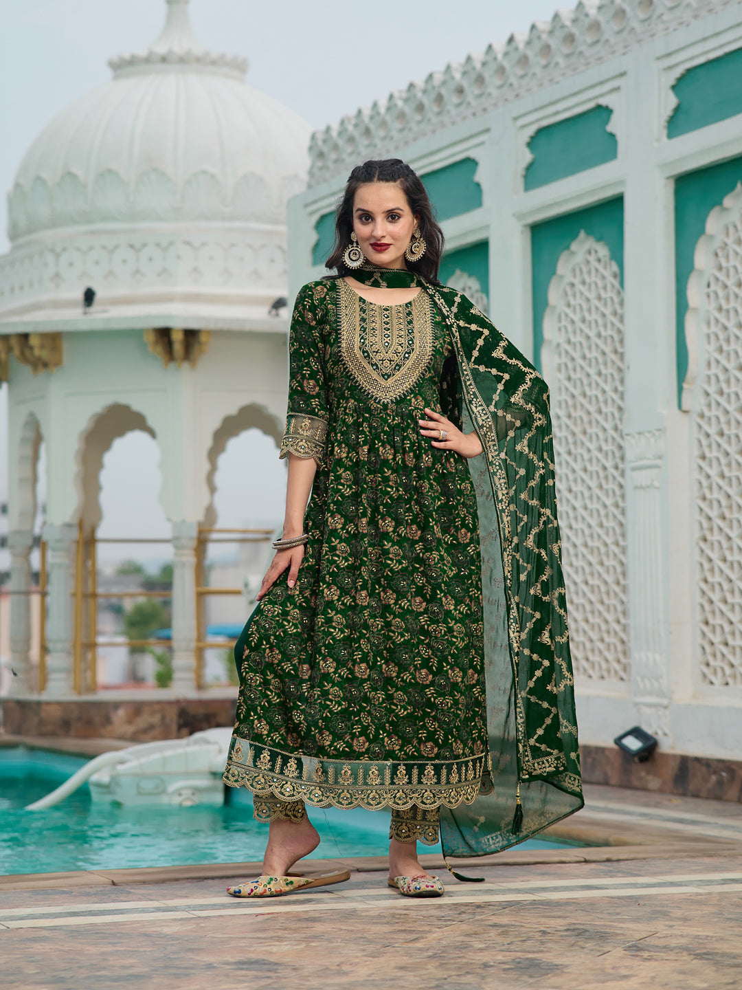 Nyra Cut Embroidered & Floral Printed Kurta With Pant & Foil Print Dupatta, Green - Hiral Fashion | Grocsy