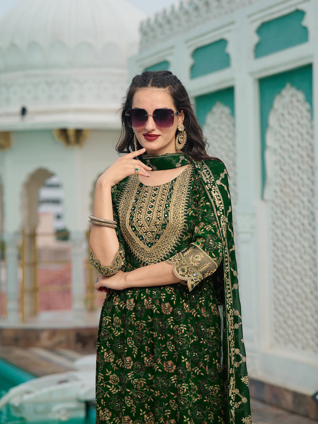 Nyra Cut Embroidered & Floral Printed Kurta With Pant & Foil Print Dupatta, Green - Hiral Fashion | Grocsy