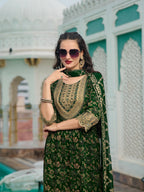 Nyra Cut Embroidered & Floral Printed Kurta With Pant & Foil Print Dupatta, Green - Hiral Fashion | Grocsy