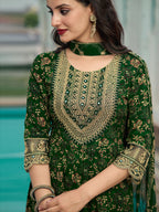 Nyra Cut Embroidered & Floral Printed Kurta With Pant & Foil Print Dupatta, Green - Hiral Fashion | Grocsy