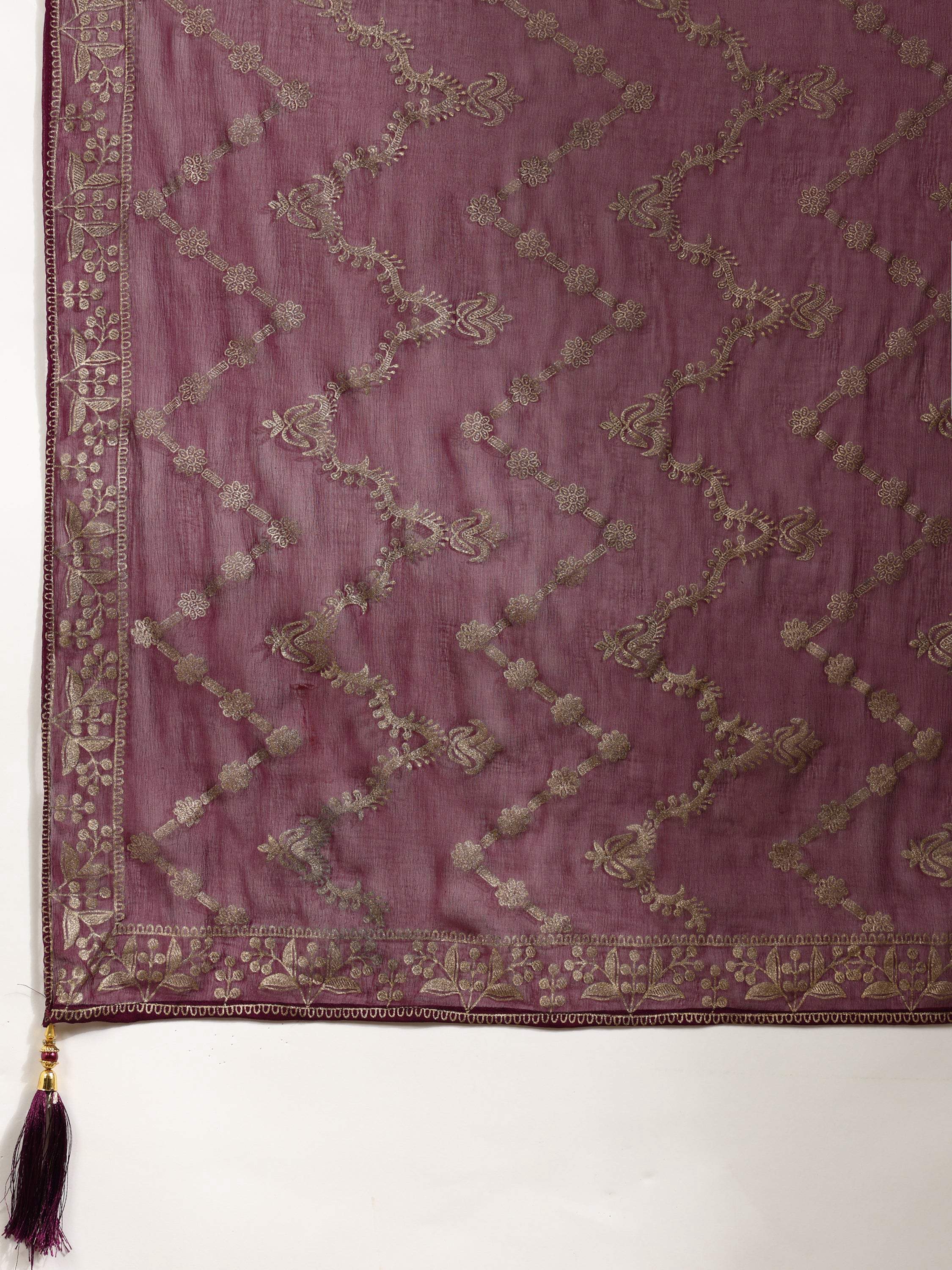 Nyra Cut Embroidered & Floral Printed Kurta With Pant & Foil Print Dupatta, Wine - Hiral Fashion | Grocsy
