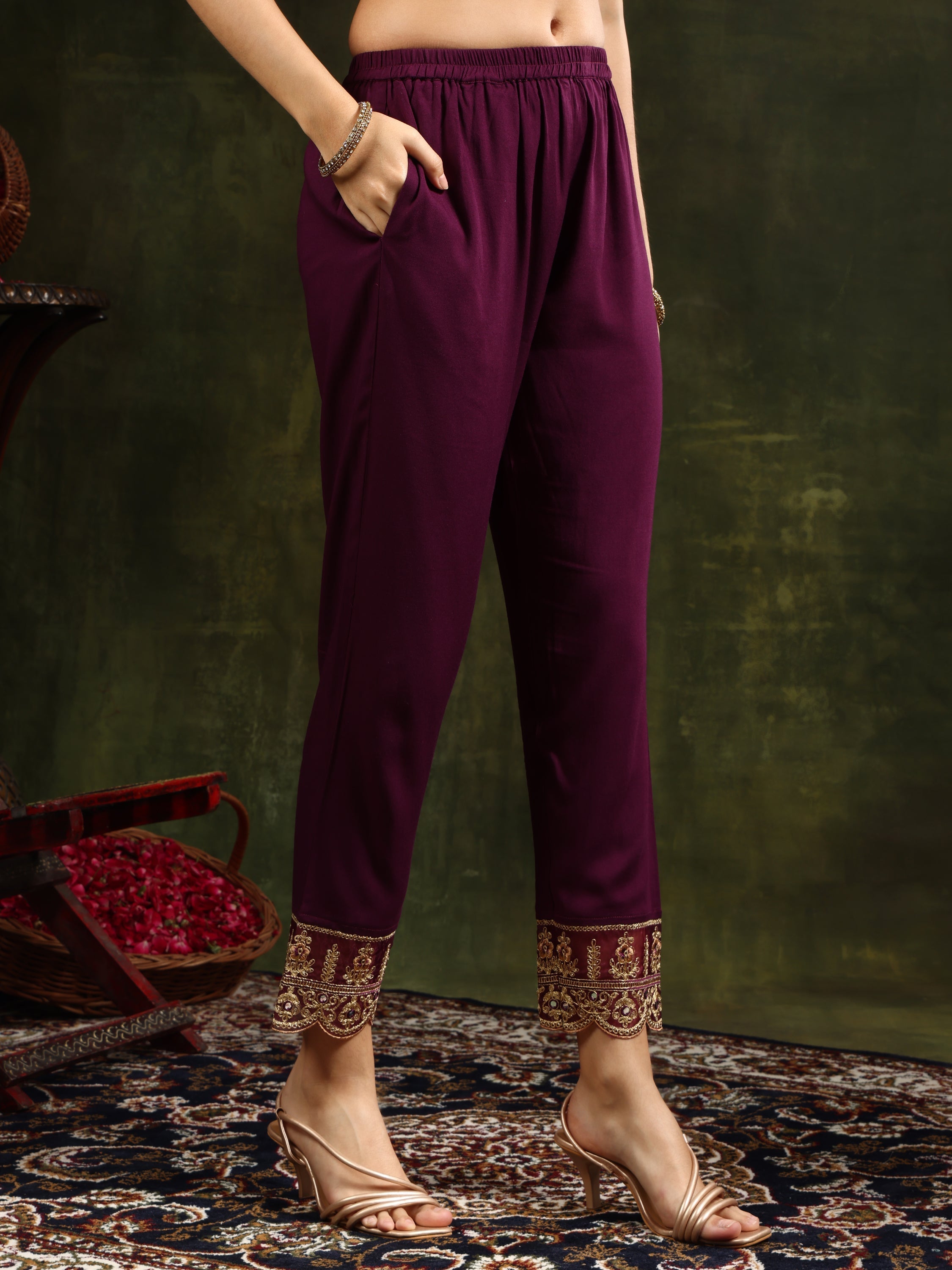 Nyra Cut Embroidered & Floral Printed Kurta With Pant & Foil Print Dupatta, Wine - Hiral Fashion | Grocsy