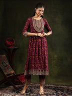 Nyra Cut Embroidered & Floral Printed Kurta With Pant & Foil Print Dupatta, Wine - Hiral Fashion | Grocsy