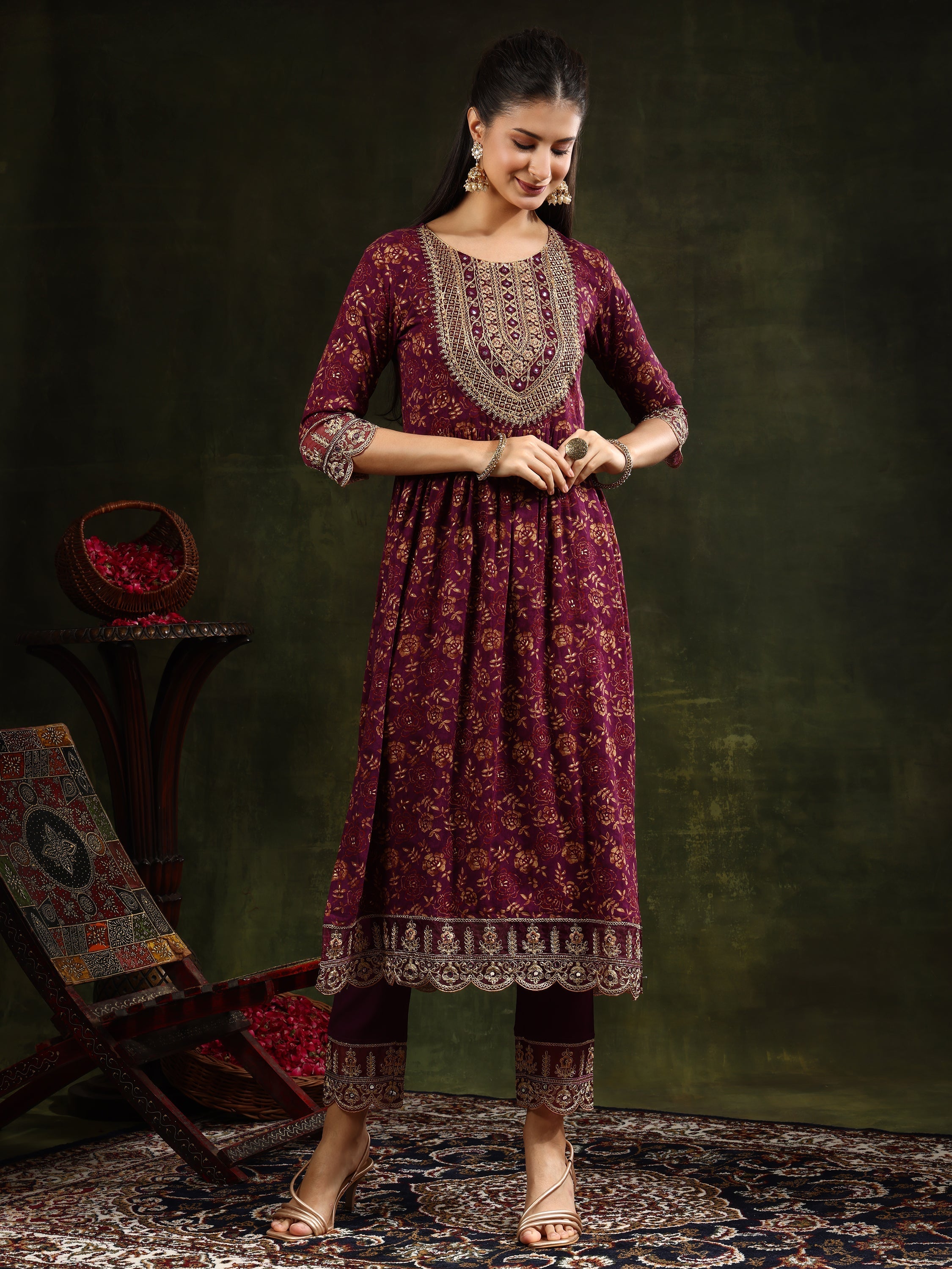 Nyra Cut Embroidered & Floral Printed Kurta With Pant & Foil Print Dupatta, Wine - Hiral Fashion | Grocsy